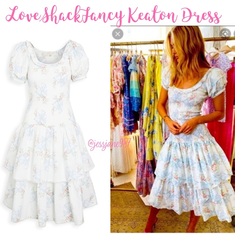 LoveShackFancy White and Blue Ruffled Tiered Midi Dress